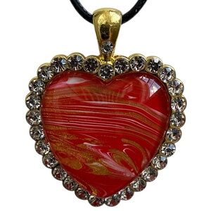 Handmade Red Heart Pendant Necklace Gold Tone Crystal 20” by Svetlana Yeung